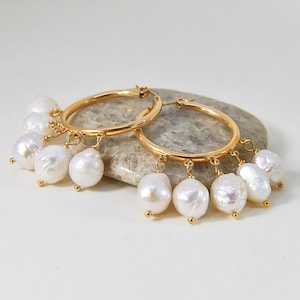 Elegant Pearl Hoop Earrings  |   White Pearl Hoop Earrings  |  Baroque Pearl Hoops    |  Two Sizes