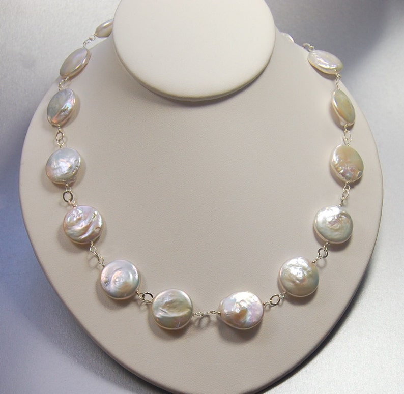 Coin Pearl Necklace . Wire Wrapped Flat Pearls . Wedding Jewelry Etsy