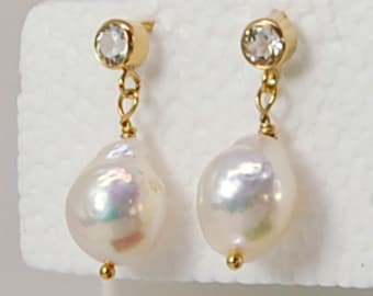 Baroque Pearl Earrings  |  White Topaz Earrings  |  Post Earrings  |  Wedding Jewelry