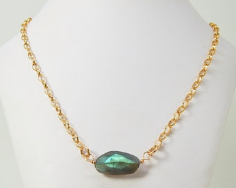 Gold Chain Layering Necklace  |  Labradorite Necklace  |  Blue Green Gemstone Necklace  |  Gold Chain