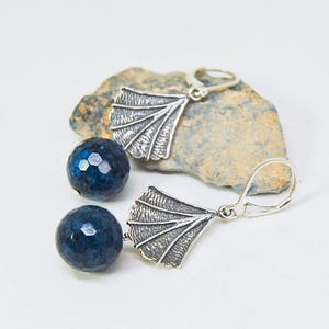 Silver Fan Earrings: Midnight Blue Duomenterite Gemstone Drops