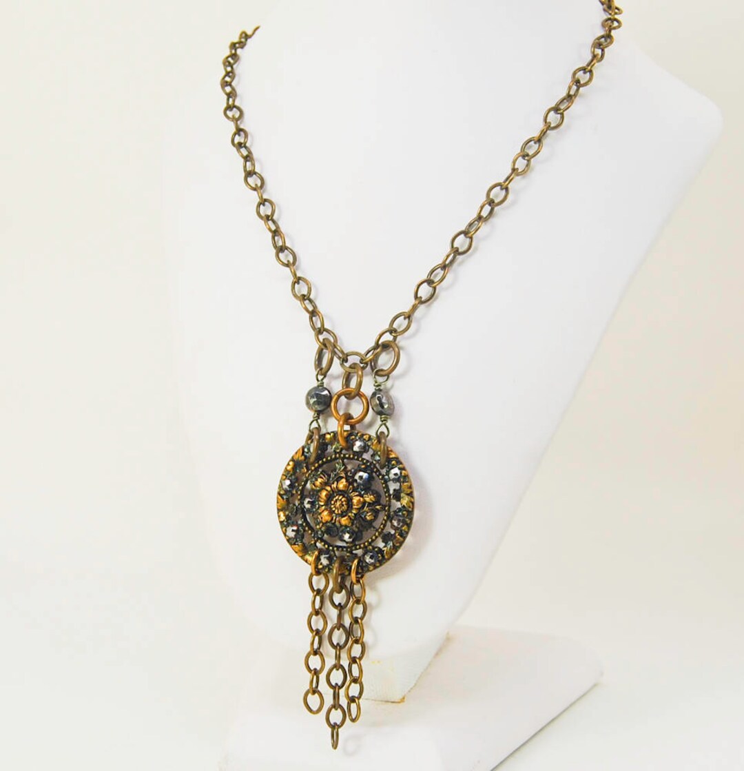 Boho Chain Necklace Dark Blue Vintage Pendant Cut Steel - Etsy