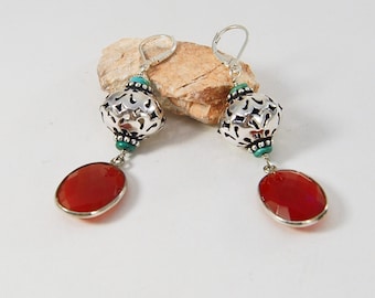 Colorful Boho Earrings  |  Carnelian and Turquoise Earrings  |   OOAK Sterling Silver Earrings