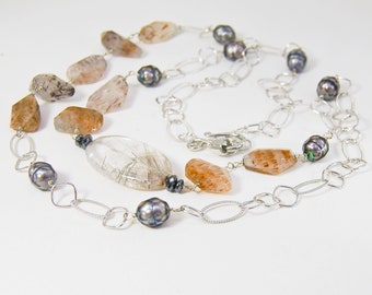 Long Gemstone and Gray Pearl Necklace  |   Rutilated Quartz Necklace  |  Rhodium Open Link Chain Necklace  |  OOAK Gift