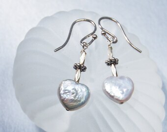 Heart Pearl Earrings |  Sterling Silver Drop Earrings | Romantic Gift
