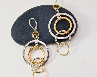 Statement Circle Earrings  |  Sterling Silver and Gold  Earrings  |   Long Modern Earrings  |  One of a Kind Earrings