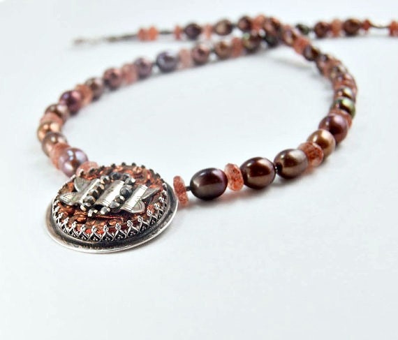 Brown Pearl Necklace .  Antique Button Pendant