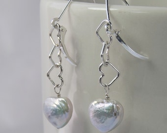 Sterling Silver Heart Pearl Dangle Earrings: Romantic Handmade Jewelry