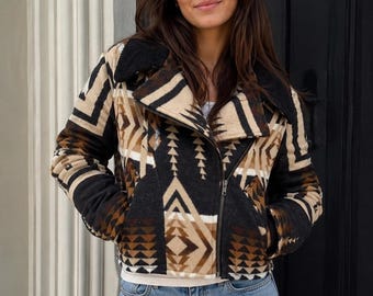 Handmade Dutton Ranch Beth Dutton Kelly Reilly Aztec Pattern Wool Aviator Jacket with Shearling Collar