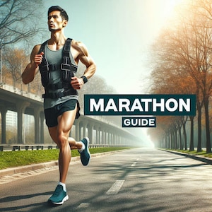 Pode incluir: Um corredor com colete cinza e calções pretos corre numa estrada. O texto "MARATHON GUIDE" está num retângulo turquesa. O corredor usa tênis azuis e um relógio preto.