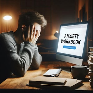 Puede incluir: Una persona con las manos en la cara, sentada en un escritorio con una computadora que muestra "ANXIETY WORKBOOK". Un teclado, una taza de café y libros también están en el escritorio. La persona lleva un suéter gris.