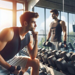 Op de afbeelding: Een man in een sportschool, gekleed in een zwarte tanktop en grijze shorts, denkt na terwijl hij een halter vasthoudt. Een spiegel reflecteert een andere man die halters vasthoudt. Rijen halters op de voorgrond. De sportschool heeft grote ramen.
