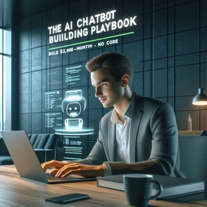 May include: A man in a gray blazer and white shirt is working on a laptop at a wooden desk. The text "THE AI CHATBOT BUILDING PLAYBOOK" is displayed above him, along with a graphic of a chatbot.