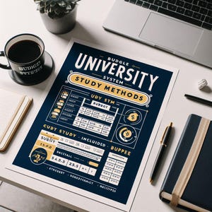 May include: A navy blue and cream-colored infographic titled "UNIVERSITY SYSTEM STUDY METHODS" with charts and graphs. A black coffee mug, a laptop, a pen, and a notebook are also on the white surface.