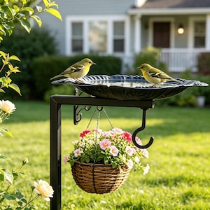 Supporto rustico in metallo per mangiatoia per uccelli, vassoio per mangiatoia per uccelli a parete con design a foglia e gancio per appendere, decorazione da giardino multifunzionale per uccelli