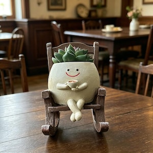 Op de afbeelding: Een grillige, gebroken witte keramische plantenbak in de vorm van een karakter, met een kopje en zittend in een miniatuur schommelstoel. De plantenbak is gevuld met een groene vetplant.