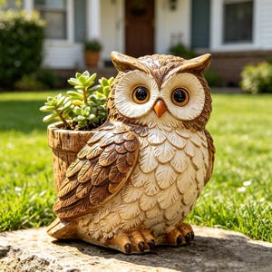 Op de afbeelding: Een gedetailleerde uilenplanter in bruine en crèmetinten. De uil heeft grote, donkere ogen en een kleine oranje snavel. De planter bevat groene vetplanten en is gemaakt van een duurzaam materiaal. De uil staat op een stenen ondergrond.