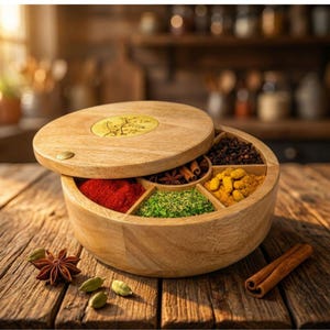 Handcrafted Mango Wood 7-Section Spice Box with Floral Inlay Lid