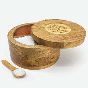 Mango Wood Spice Box, 4 Compartment Masala Dabba, Airtight Lid, Kitchen Organizer