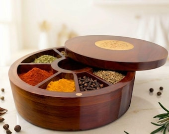 Acacia Wood Spice Box Masala Dabba with Floral Inlay Lid, 7 Compartments