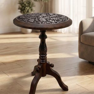 Hand-Carved Mango Wood End Table – Floral Motif Boho Accent Stand