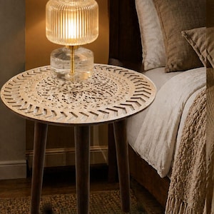 Hand-Carved Mandala Accent Table – Weathered Grey, Geometric Chevron Border (18" Wide)