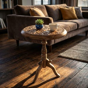 Carved Mango Wood Round Accent Table – Nature-Inspired Minimalist Decor