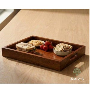 Acacia Wood Serving Tray, Rustic Handles, Food Drinks Coffee Tea Serving