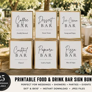 Peut inclure: Six panneaux rectangulaires dans des cadres dorés avec fond blanc et texte noir. Les panneaux indiquent Coffee Bar, Dessert Bar, Ice-Cream Bar, Cocktail Bar, Popcorn Bar et Pizza Bar, chacun avec un sous-titre et un petit point séparateur.