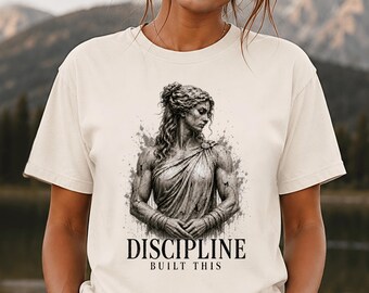 Discipline Built This, Women's Dark Feminine Gym Tee, Roman Goddess Shirt, Comfort Colors, Strong Woman Tee, Motivational Workout Shirt