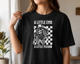 A Little Emo A Little Yeehaw Tee | Skeleton Cowgirl Graphic Tee Comfort Colors 3023CL Heavyweight Women's Mid-length Boxy T-Shirt