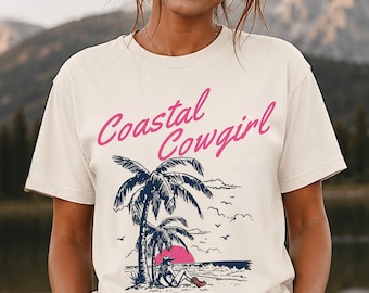 Coastal Cowgirl Shirt Women, Barbie Pink Western Tee, Comfort Colors 1717, Country Girl Summer Shirt, Cowgirl Era Gift, Beach Western Tee