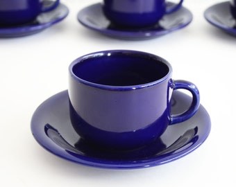 Set von 4 Tassen, Blaue Keramiktassen mit Untertassen, Wächtersbach, Fat Lava Tassen, Kaffeebecher, Teetassen, Blaue Retro Kaffeetassen