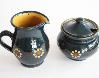 Set of Pottery Milk Jug Creamer and Jam Pot