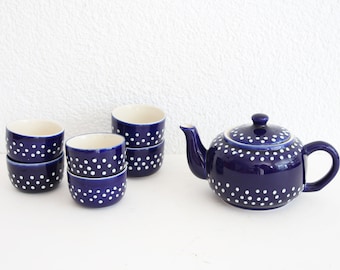 Teapot with six cups, Pottery Tea Set, Blue dotted Teapot with cups, Tea Service, Blue and white ceramic teapot tea set