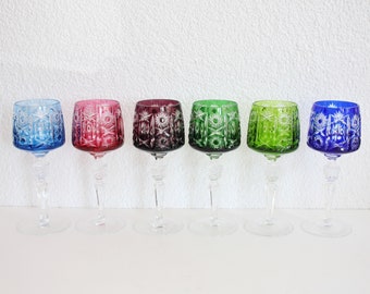 Coloured Crystal Wine Glasses, Set of Six Lead Glass Wine Glasses, Vintage Wine Glasses Set, Full Lead Glasses, Rare Coloured Wine Glasses