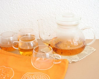 Vintage Glass Teapot with four cups, Tea Set, Tea Service, Vintage Tea Serving Set, Coffe and Teapot with cups, LArge Glass Teapot