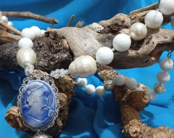 Hand-Carved Blue Lapis Lazuli Powder Cameo Necklace with White Onyx, Mother of Pearl and Silver Filigree