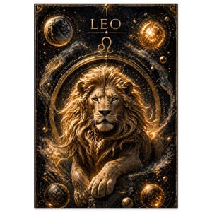 Puede incluir: Una impresión artística digital que presenta un león majestuoso con una melena dorada, sobre un fondo oscuro y estrellado. La palabra "LEO" y el símbolo del zodiaco Leo se muestran en la parte superior. La obra incorpora elementos celestiales y un tema cósmico.