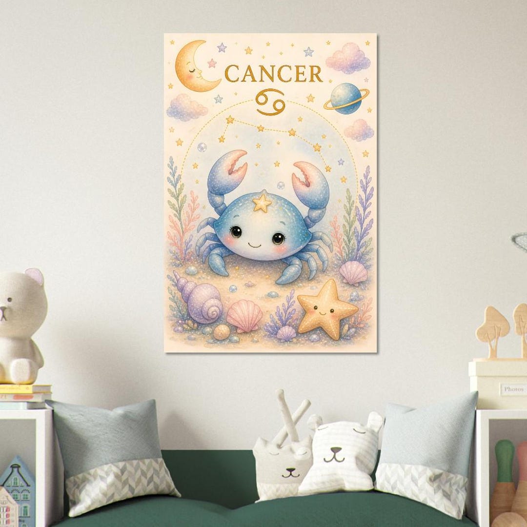 Cancer Zodiac Poster for Kids, Baby Nursery Wall Art With Cute Crab ...