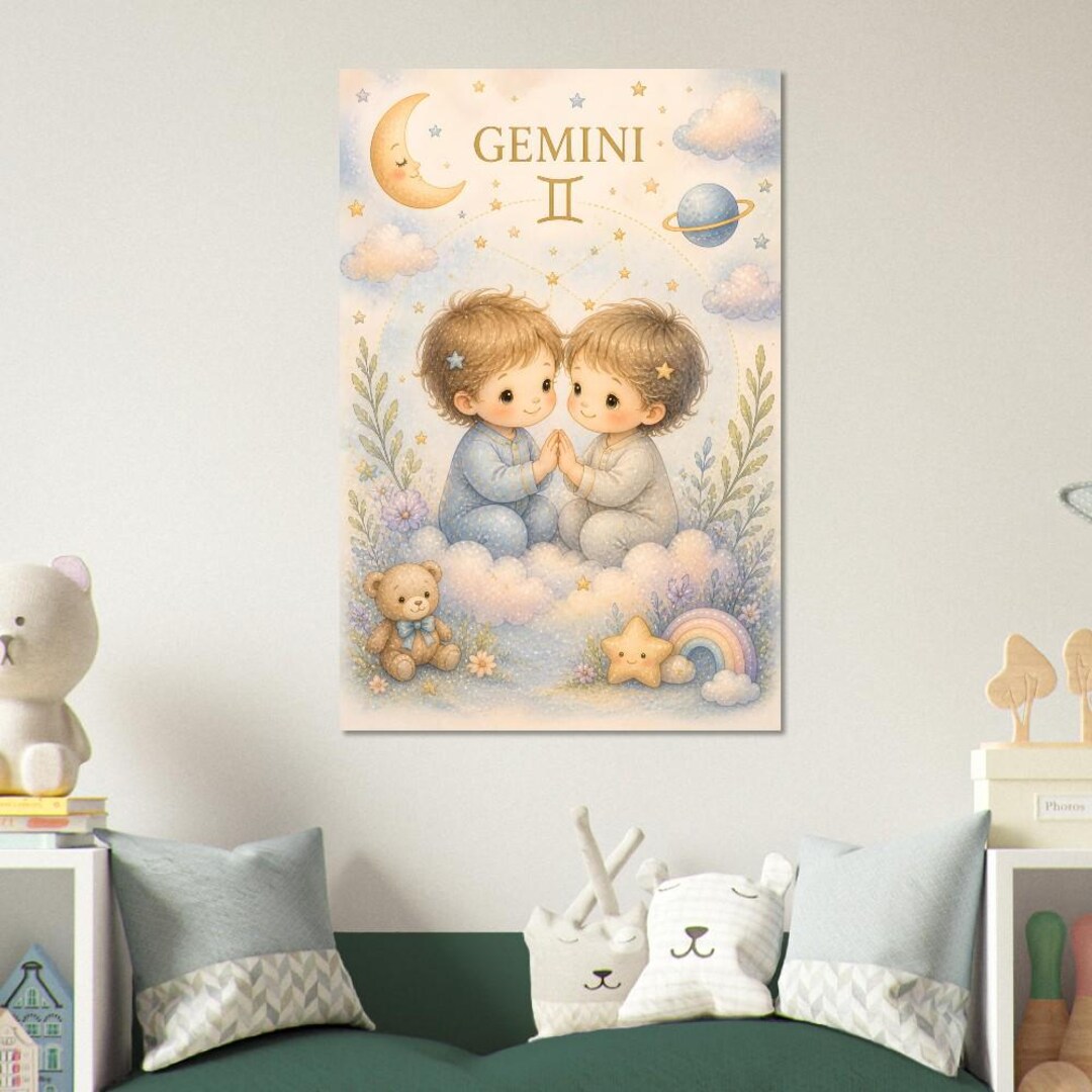 Gemini Zodiac Nursery Wall Art, Cute Baby Astrology Poster, Twin Star ...