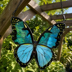 Blue Morpho Butterfly Stained Glass Suncatcher - Handmade Butterfly Window Art - Tiffany Style Glass Hanging, Gift for Mom, Birthday Gifts