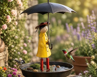 Mangiatoia per uccelli sospesa a forma di ragazza con ombrello, ciotola per il bagno degli uccelli in metallo da giardino, decorazione per esterni, patio e cortile.