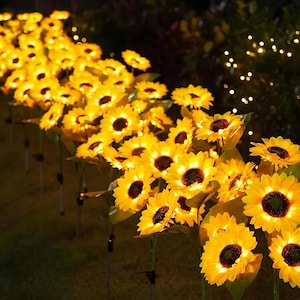 May include: A row of illuminated artificial sunflowers with yellow petals and dark brown centers. The solar-powered lights are arranged in a garden setting, creating a warm, inviting glow. The flowers are on stakes, perfect for outdoor decor.