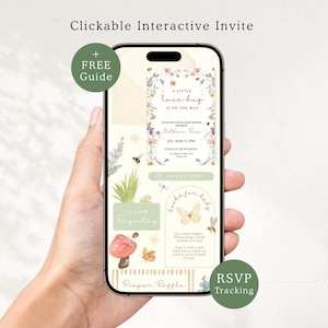 May include: A smartphone displaying a digital interactive baby shower invitation with floral and insect illustrations. The screen features text including A Little Love Bug Is On The Way, Esther Rae, Google Maps, Click For Registry, and Diaper Raffle.