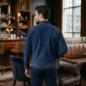 suede jacket back view | mens moto jacket seams | navy suede biker jacket | snap collar leather jacket | tailored suede jacket men | genuine leather outerwear