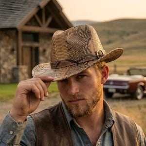 Snakeskin Print Leather Hat Men | Western Cowboy Fedora Python Outlaw Cap | Gift For Him