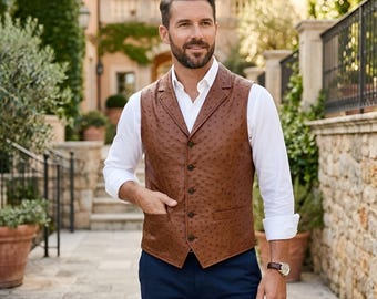 Mens Ostrich Embossed Leather Vest Western Waistcoat Slim Fit Cowboy Gilet Biker Dress Jacket