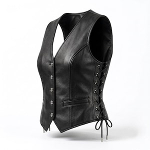 May include: A black leather vest featuring a V-neckline, a front button closure with five silver-toned buttons, and two horizontal welt pockets. The sides include black lace-up detailing with silver-toned eyelets and adjustable cord ties at the hem.