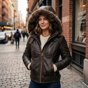May include: A dark brown leather jacket featuring a large hood lined with thick, dark faux fur. The jacket includes a central metal zipper, side pockets with zippers, and adjustable buckle straps at the collar and waist, worn over a cream sweater.